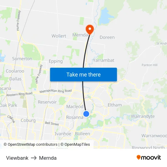 Viewbank to Mernda map