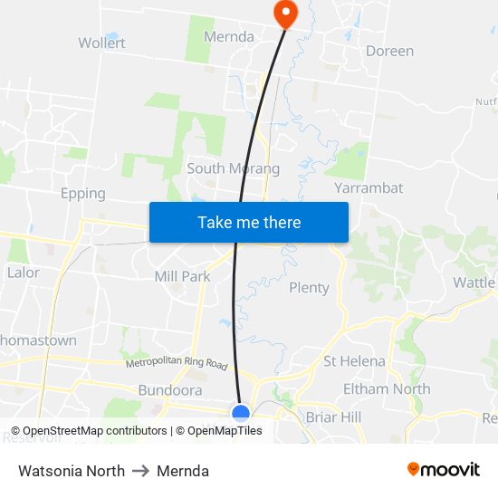 Watsonia North to Mernda map