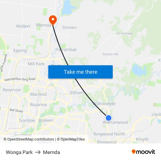 Wonga Park to Mernda map