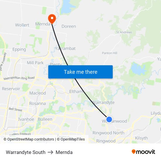 Warrandyte South to Mernda map