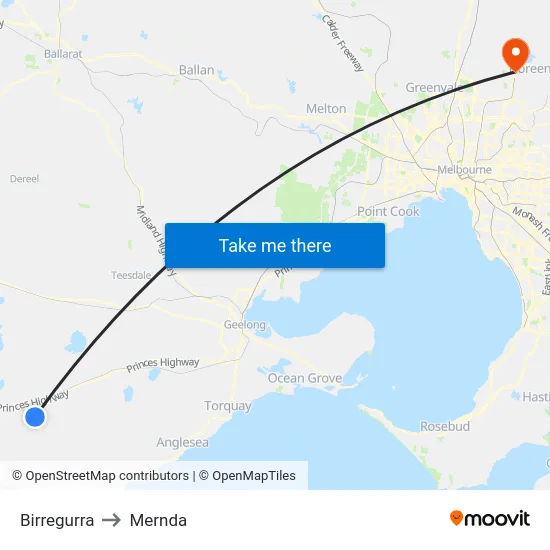Birregurra to Mernda map
