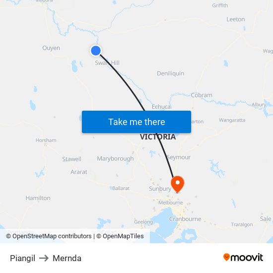 Piangil to Mernda map