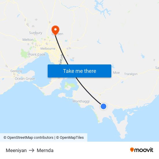 Meeniyan to Mernda map