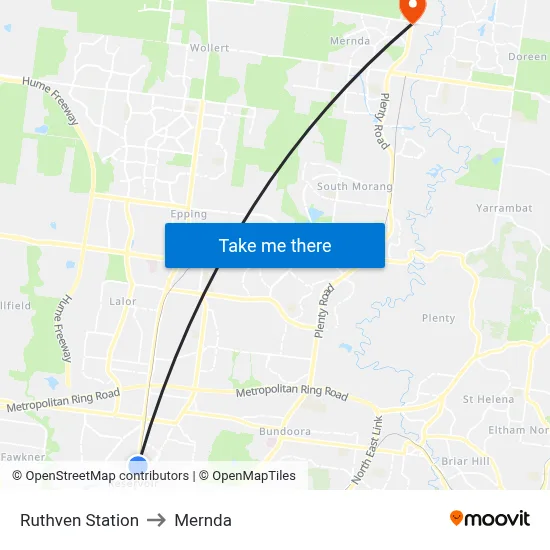Ruthven Station to Mernda map