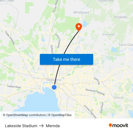 Lakeside Stadium to Mernda map