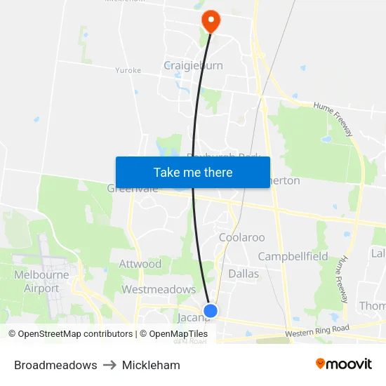Broadmeadows to Mickleham map
