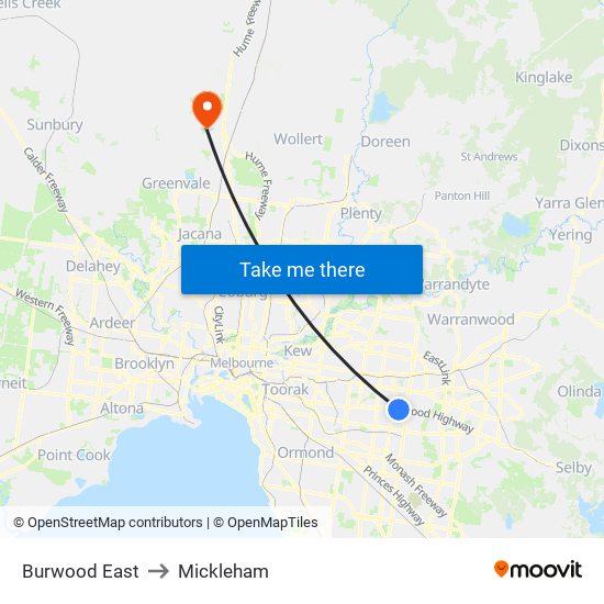 Burwood East to Mickleham map