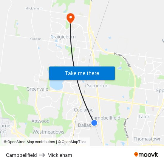 Campbellfield to Mickleham map