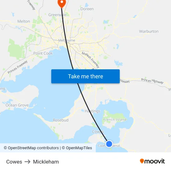 Cowes to Mickleham map