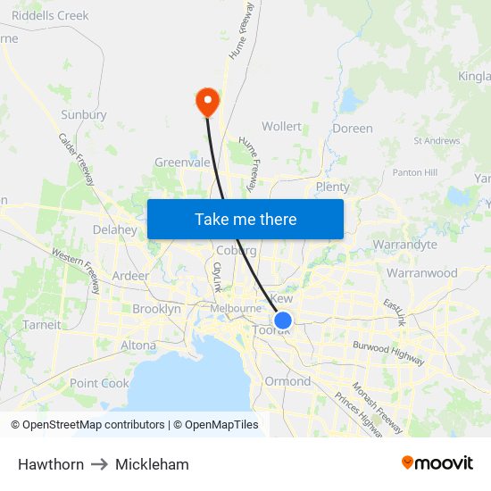 Hawthorn to Mickleham map