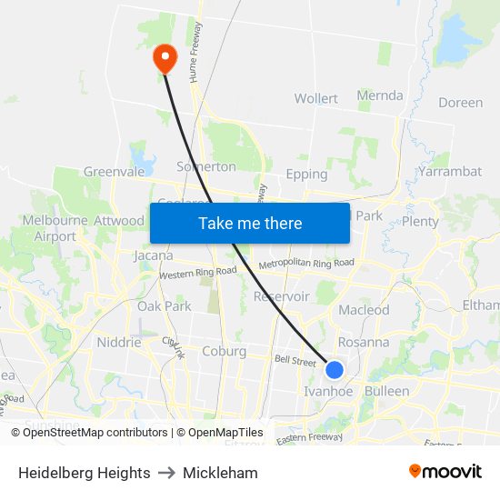 Heidelberg Heights to Mickleham map