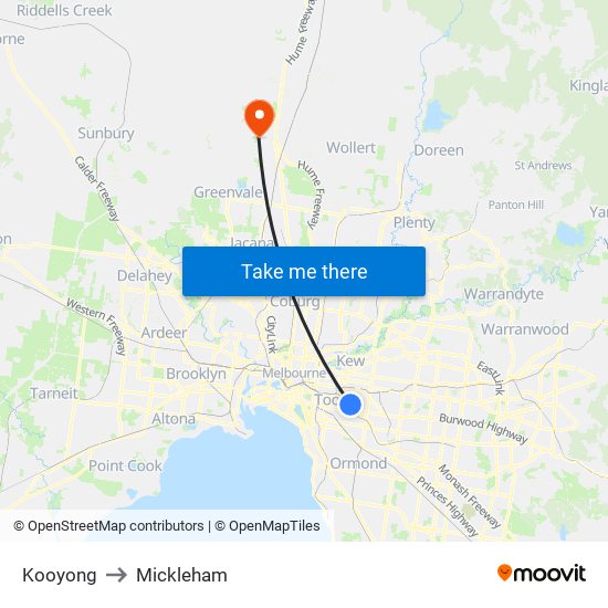 Kooyong to Mickleham map