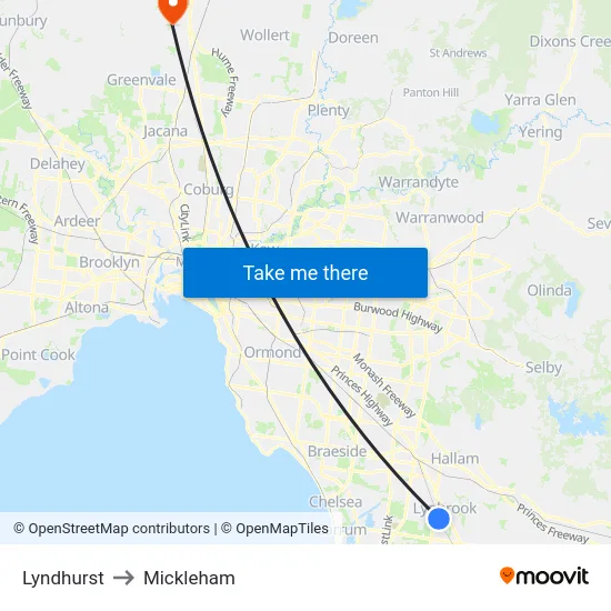 Lyndhurst to Mickleham map