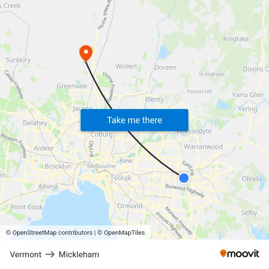 Vermont to Mickleham map