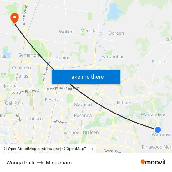 Wonga Park to Mickleham map