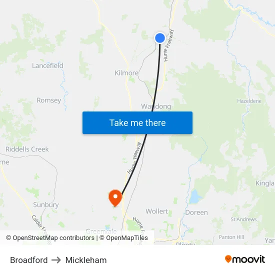 Broadford to Mickleham map