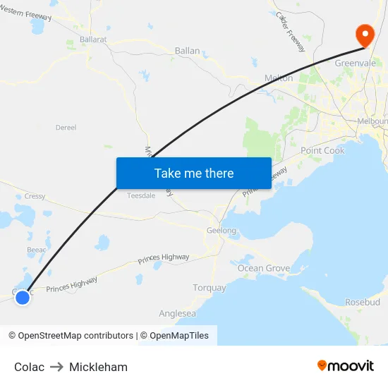 Colac to Mickleham map