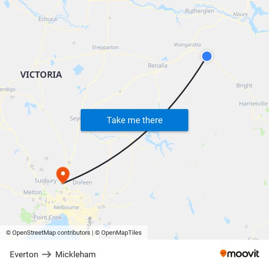 Everton to Mickleham map