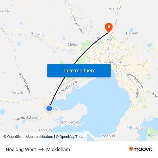 Geelong West to Mickleham map