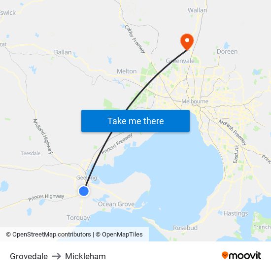 Grovedale to Mickleham map