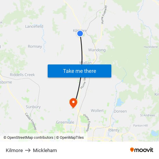 Kilmore to Mickleham map