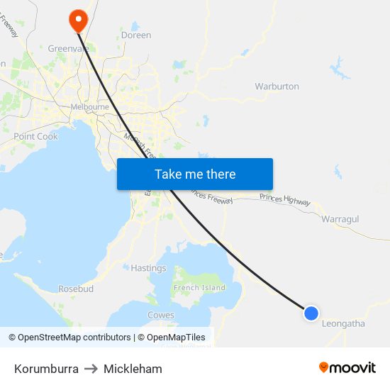 Korumburra to Mickleham map