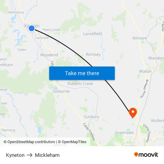 Kyneton to Mickleham map