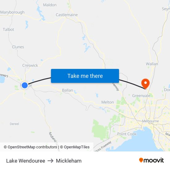 Lake Wendouree to Mickleham map