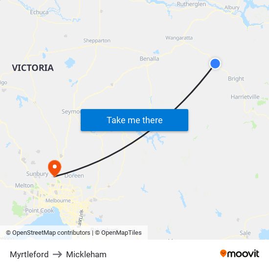 Myrtleford to Mickleham map