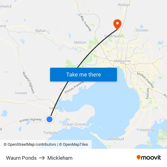 Waurn Ponds to Mickleham map