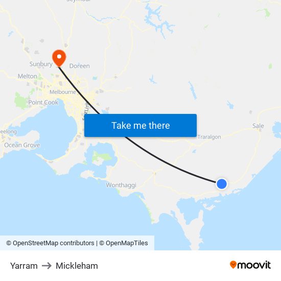 Yarram to Mickleham map