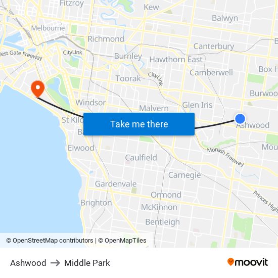 Ashwood to Middle Park map