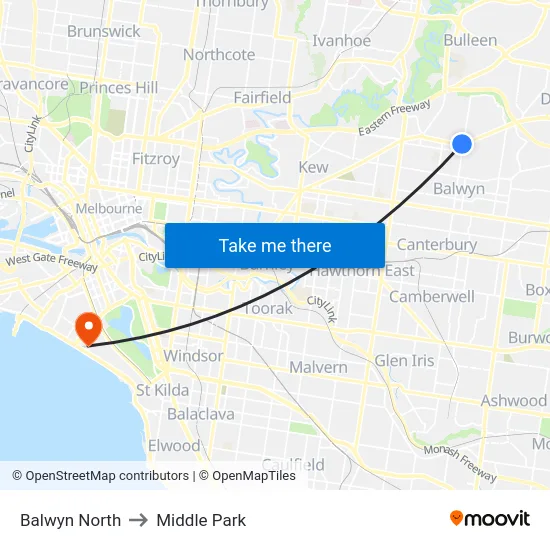 Balwyn North to Middle Park map