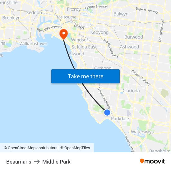 Beaumaris to Middle Park map