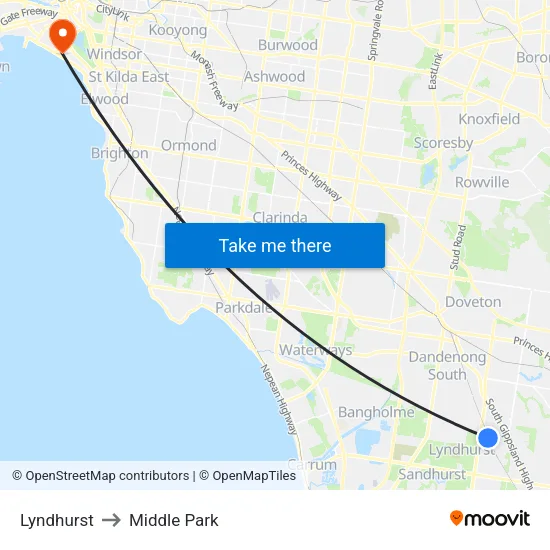 Lyndhurst to Middle Park map