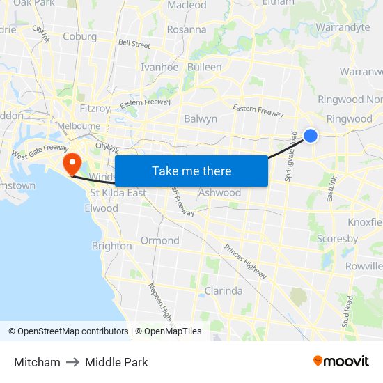 Mitcham to Middle Park map