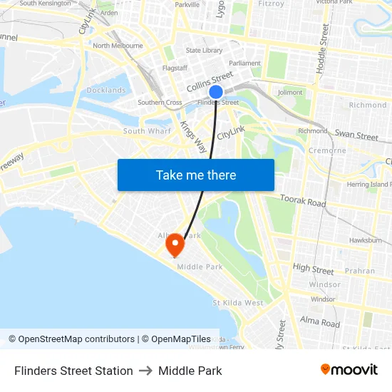 Flinders Street Station to Middle Park map