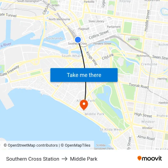 Southern Cross Station to Middle Park map