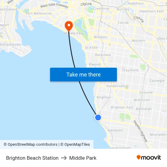 Brighton Beach Station to Middle Park map