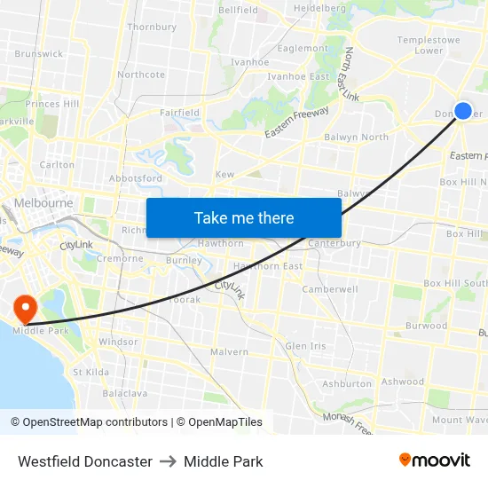 Westfield Doncaster to Middle Park map