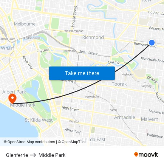 Glenferrie to Middle Park map