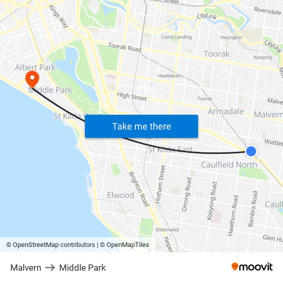 Malvern to Middle Park map