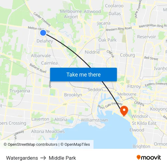 Watergardens to Middle Park map