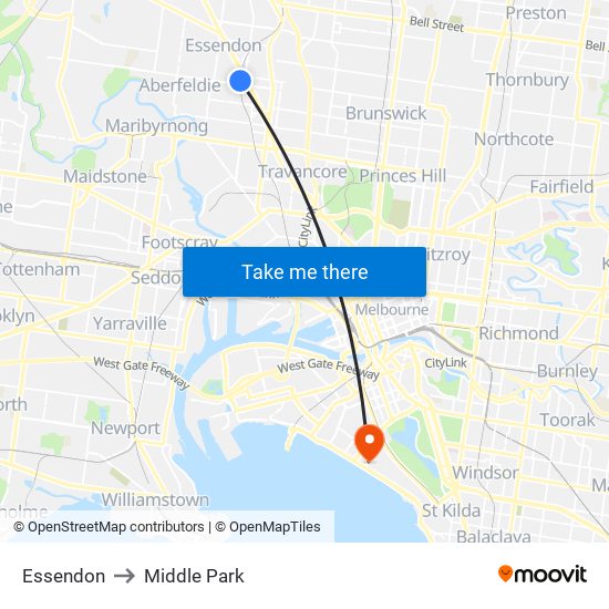 Essendon to Middle Park map
