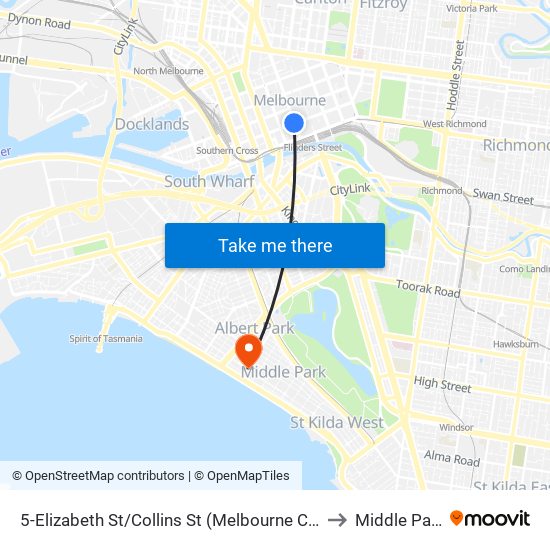 5-Elizabeth St/Collins St (Melbourne City) to Middle Park map