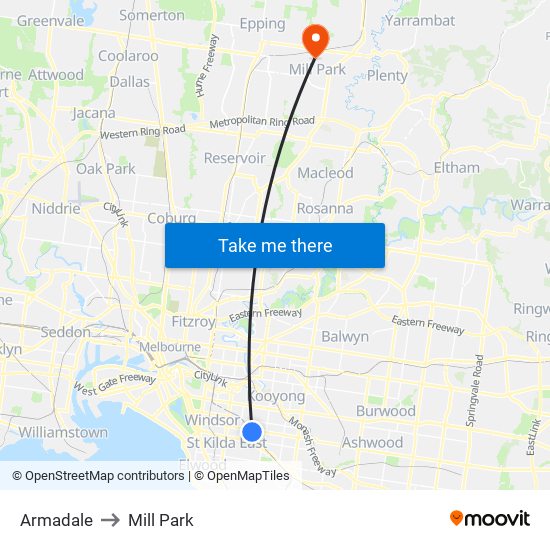 Armadale to Mill Park map