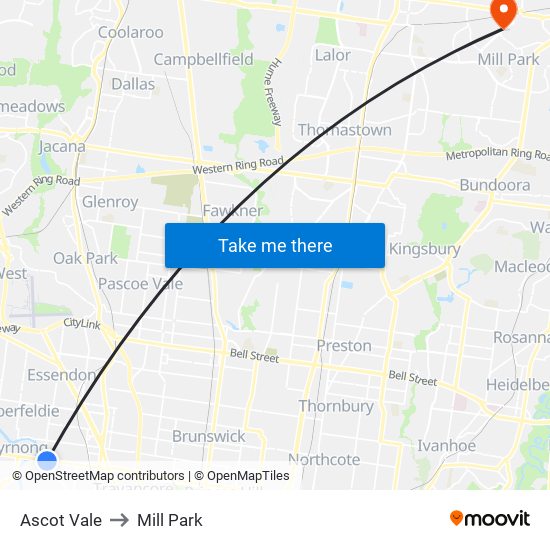 Ascot Vale to Mill Park map