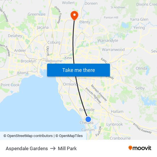Aspendale Gardens to Mill Park map