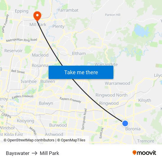 Bayswater to Mill Park map