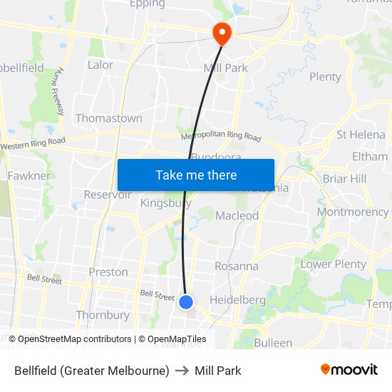 Bellfield (Greater Melbourne) to Mill Park map